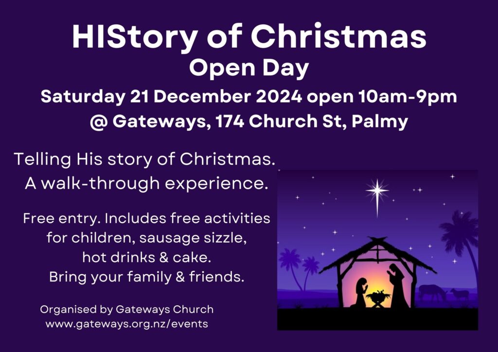 Flyer about the HIStory Of Christmas Open Day event at Gateways Christian Fellowship church